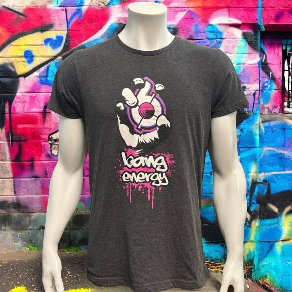 Bang Energy Drink Fuel Your Destiny Gray White Pink Purple Graphic T-Shirt MD